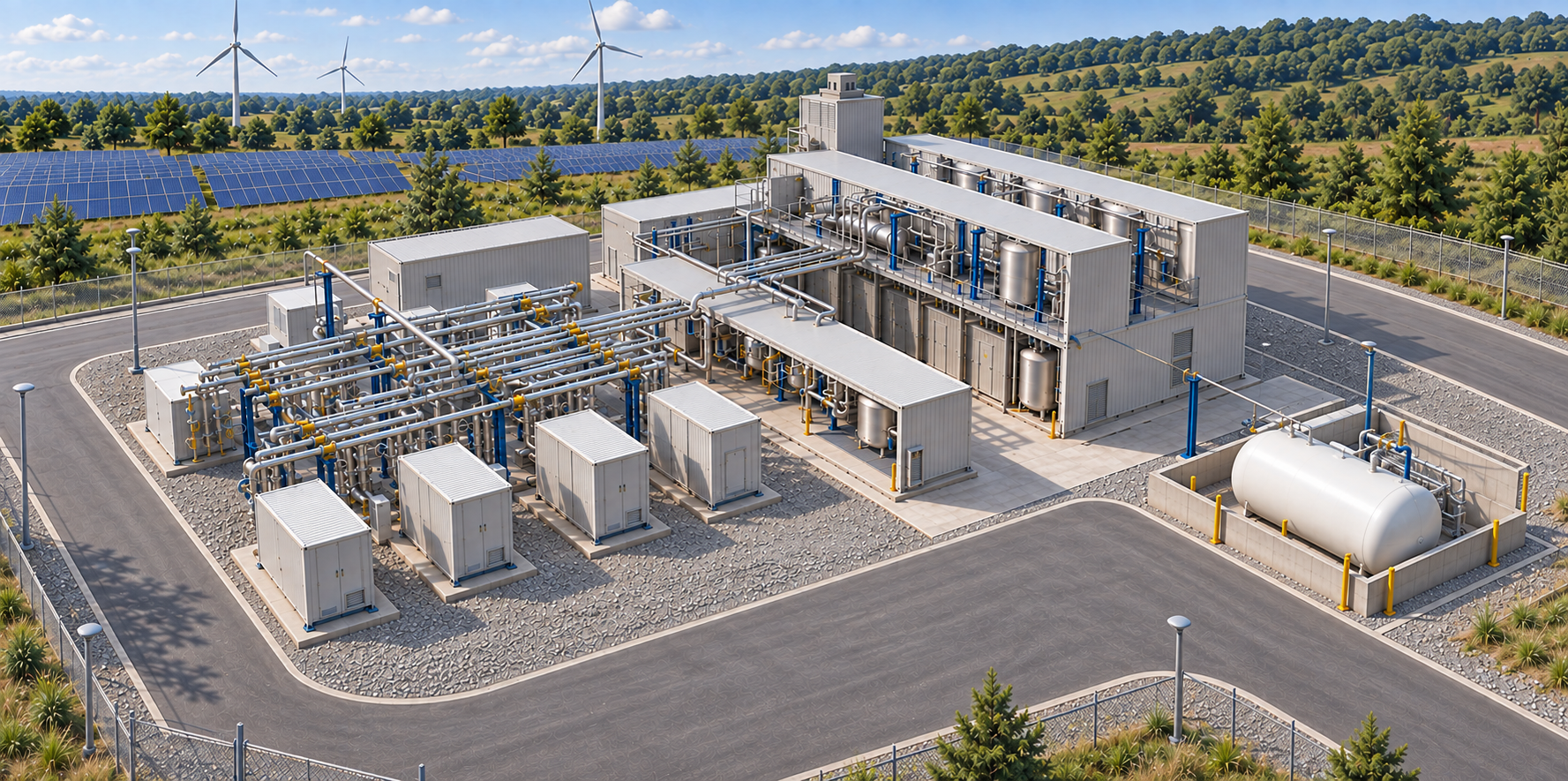 Konzeptvisualisierung einer modularen Methanolanlage mit Containern, Rohrleitungen und Tank, umgeben von Solar- und Windenergie
